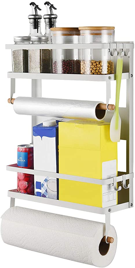 X-Chef Magnetic Spice Rack for Refrigerator, Multi-Tier Magnetic Shelf with 2 Paper Towel Holders and 5 Removable Hooks for Fridge & Washing Machine, White