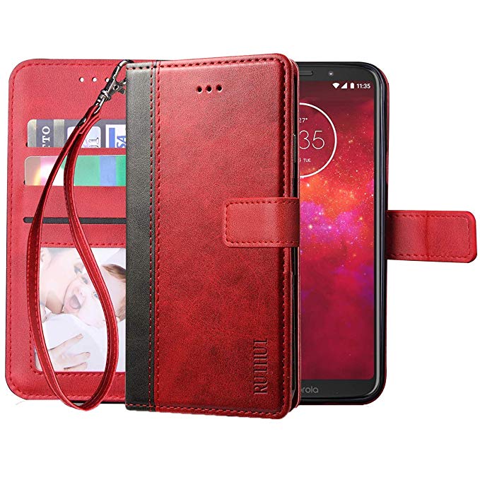 Moto Z3 Play Case,Moto Z3 Case,RUIHUI Leather Wallet Folding Flip Kickstand Protective Shock Resistant Case Cover with Card Slots,Magnetic Closure for Moto Z Play 3nd Gen 2018[Wrist Strap] (Red)