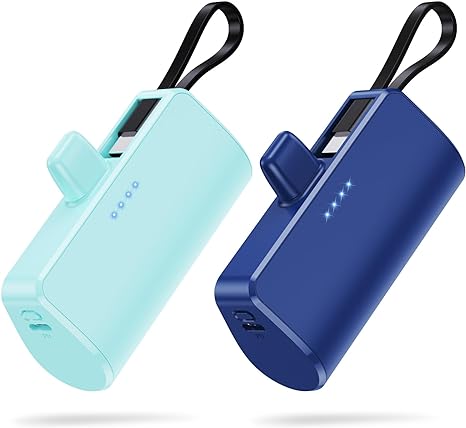 [2 Pack] Small Portable Charger 5200 mAh for iPhone,PD 3.0A Power Bank with Built-in Cable,USB C Mini Battery Pack Compatible with iPhone 15/15 plus/15 Pro/15 Pro Max/14/13/12/11/8 Android Phone etc