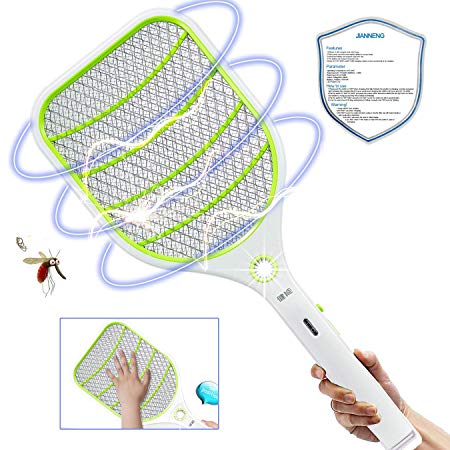 Bug Zapper Racket,Electric Fly Swatter,Fly Killer and Mosquito Swatter - USB Rechargeable - 3000 Volt - Bright LED Light - Unique 3-Layer Safety Mesh Safe (Green)