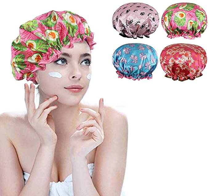 Rovtop Shower Cap - 4 Pack Waterproof Bath Caps Rovtop for Women Salon Spa Shower Reusable Double Layer