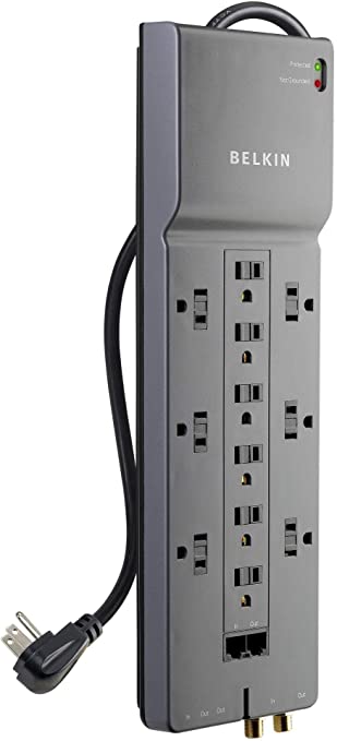 Belkin 12-Outlet Power Strip Surge Protector, Flat Plug, 10ft Cord (4156 Joules), Gray