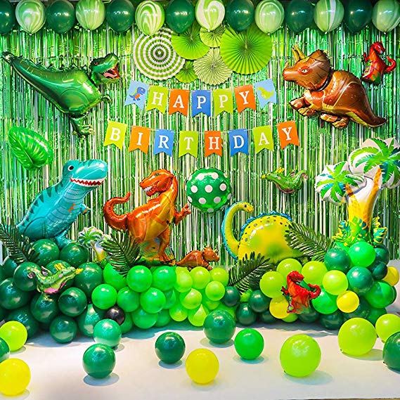 Birthday Party Backdrop Decorations Dinosaur Themed Balloon Party Supplies Backdrop Decorations For Birthday Party, Dinosaur, HAPPY BIRTHDAY Banner, Folding Fan,Leaves,Balloons and Curtains, More than 90 Pcs for your Dinosaur Themed Birthday Party !