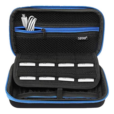 Soyan Carrying Case for Nintendo New 3DS XL and 2DS XL, with 16 Game Card Holders, Fits Wall Charger (Blue Zippers)