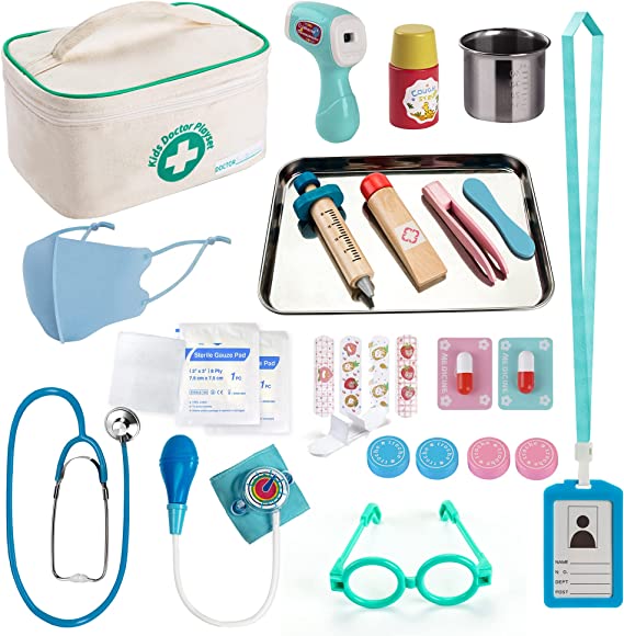 EFOSHM Kids Doctor kit 27 Piece, Toys Medical Kit with Stethoscope, Stainsteel Tray and Iodine Cup Role Doctor playset with Signable Washable Medical Bag for Boys Girls-Ages 3