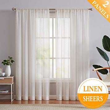 Flax Linen Sheer Curtains 84-inch Long Living Room Vintage Window Panel Drapes for Farmhouse Bedroom Rod Pocket, Natural, 52" Wide, 2 Panels