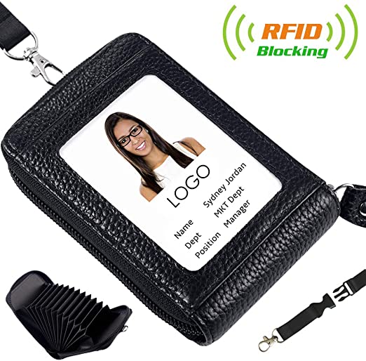 Acctrend Badge Holder, Leather Zipper Wallet ID Cards Holder with Lanyard-12 Cards Slot (Black)