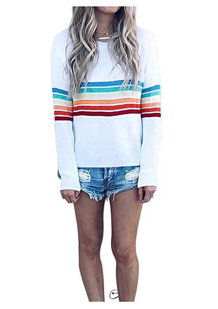 Durcoo Women Colorful Stripes Shirt Long Sleeve Rainbow Print Casual Top Blouse