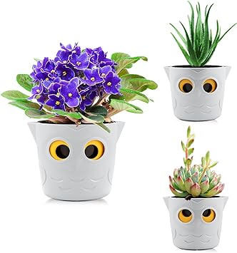 Restmo 3 Pack Plant Pots, 5” Self Watering Planters for Indoor Plants, Plastic Flower Pots with Owl Eye Water Level Indicator, House Plants, African Violet, Succulents, Monstera, Off-White