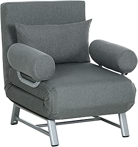 HOMCOM Fauteuil chauffeuse canapé-lit Convertible inclinable 1 Place Grand Confort Coussin lombaires accoudoirs piètement métal Lin Gris Foncé