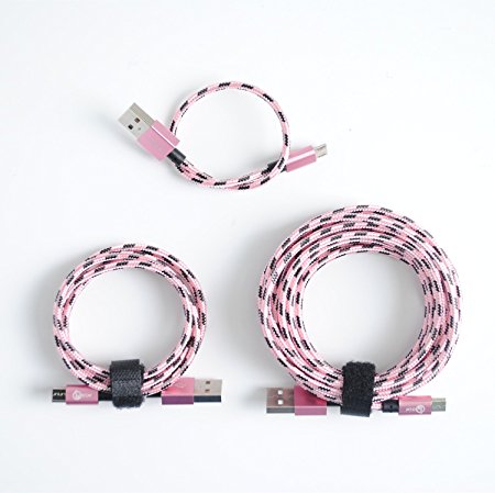 OOLLWW [ 3 Pack ] Nylon Braided Micro USB Charger Cables Data Sync Charging Cord 0.75ft / 3ft / 10ft for Android/Samsung/Windows/MP3/Camera and more - Pink