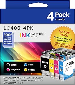 LC406 Ink Cartridges Compatible Replacement for Brother LC406 LC 406 LC-406 for MFC-J4335DW, MFC-J5855DW, MFC-J6555DW, MFC-J4535DW Printer (Black, Cyan, Magenta, Yellow) 4 Combo Pack