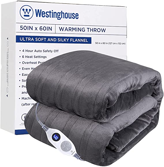 Westinghouse Electric Blanket Heated Throw Soft Silky Microplush Flannel Heating Blanket, 6 Heat Settings & 4 Hours Auto Off, Machine Washable, Charcoal Grey, 50x60 inch