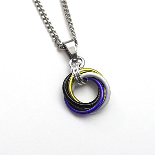 Non-binary pendant necklace, chainmail love knot; yellow, white, purple, black