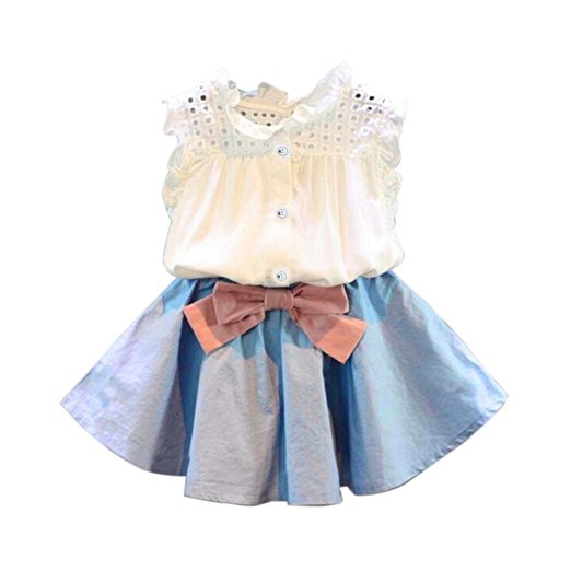 2017 Little Kid Girls Skirt Sets, Girls Vest T-shirt Bowknot Short Skirt Set Clothes