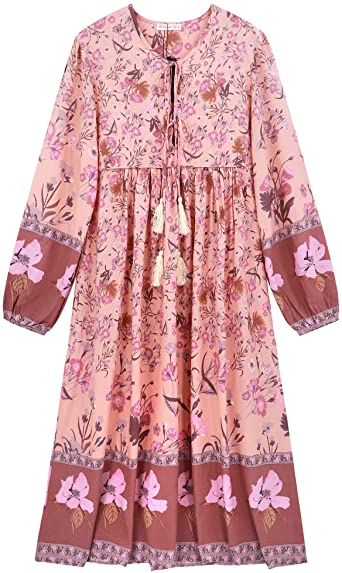 R.Vivimos Women's Long Sleeve Floral Print Retro V Neck Tassel Bohemian Midi Dresses