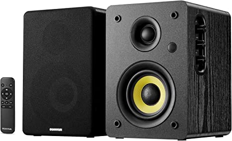 Sanyun SW206 80W Dual-Mode Bookshelf Speakers - Studio Monitor and HiFi Mode - 4Inch Carbon Fiber Speaker - 25 Core Silk Film Dome Tweeter - Optical Coaxial TRS Aux Bluetooth 5.0 Inputs - Black