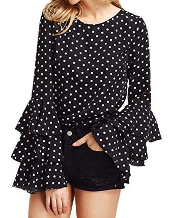 ZANZEA Women's Blouse Polka Dot Ruffle Flounce Long Sleeve Round Neck Elegant Tee Tops