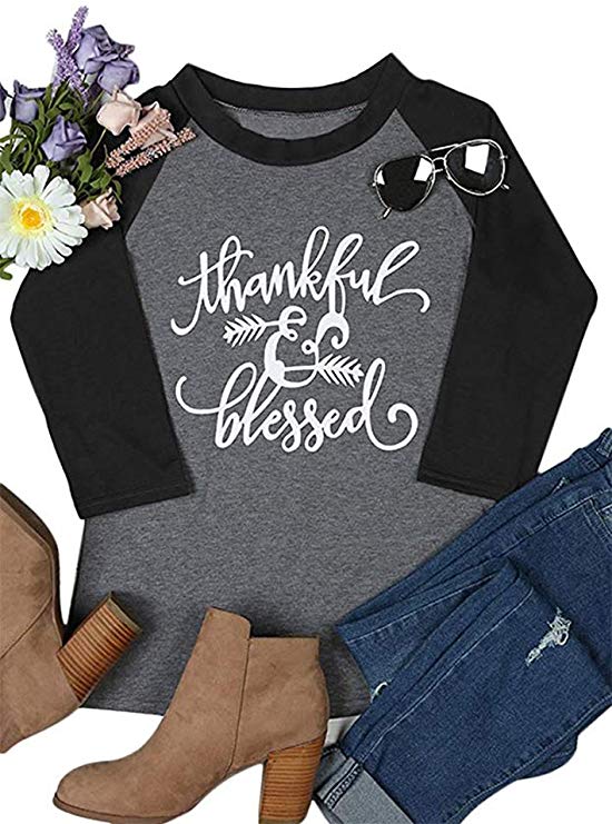 HDLTE Women's Thanksgiving Thankful Blessed Print O-Neck Casual Long Sleeve T-Shirt