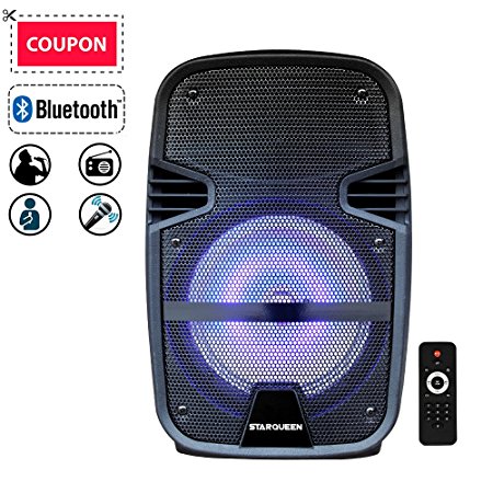 STARQUEEN Compact 8" Portable Pa System Bluetooth Rechargeable Speaker with Remote Control and Party Lights, AUX/USB/TF Input, FM Radio, Wheels & Hole Designed for Speaker Stand