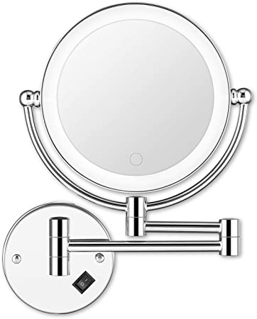 BRIGHTINWD 5X LED Wall Mounted Makeup Mirror with Dimmable Lights and Switch Magnifying Wall Bathroom Mirror Touch Screen Power by Plug