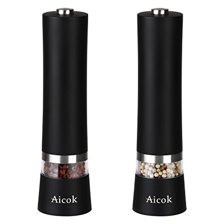 Aicok Electric Salt and Pepper Grinder Set Stainless Steel Body with Coarse Adjustable Ceramic Core and with Stylish Visible Window (Pack of 2)