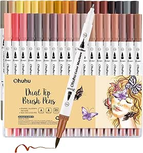 Ohuhu Skin Tone Colouring Pens, 36 Dual Tip Brush Pens Felt Tip Pens Fineliner Art Markers Set, Skin Tone Water Based Marker Pens for Calligraphy Drawing Sketching Coloring Book