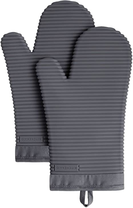 KitchenAid Ribbed Soft Silicone Oven Mitt Set, Charcoal Grey 2 Count