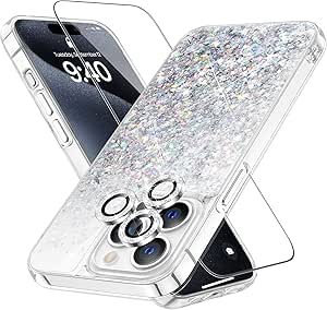 Caka [3 in 1] Case for iPhone 15 Pro Max Case Glitter with Screen Protector & Camera Protector for Women Girls Girly Bling Sparkle Flowing Quicksand Clear Case for iPhone 15 Pro Max 2023 - Silver