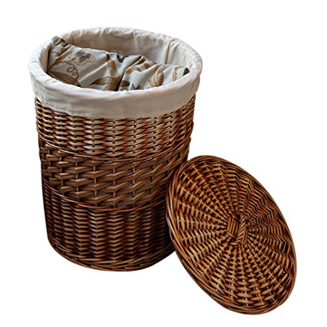 Laundry Hamper,Handmade Woven Wicker&cattail Round Baskets with Lid, Kingwillow.(Large, Brown)