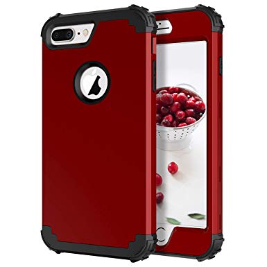 iPhone 7 Plus Case, DUEDUE iPhone 8 Plus Case,Heavy Duty Rugged Shockproof Drop Protection 3 in 1 Hybrid Hard PC Cover Soft Silicone Bumper Full Body Protective Case for iPhone 7 Plus/8 Plus,Wine Red