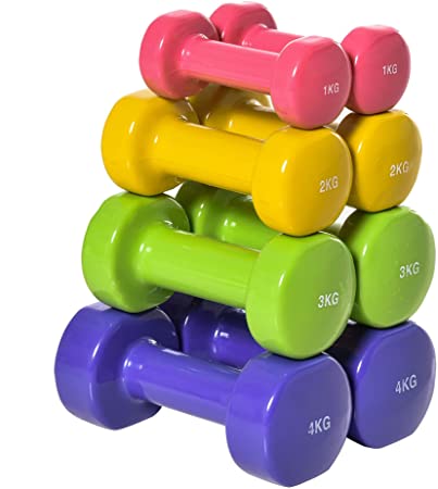 HOMCOM Juego de 8 Mancuernas Hexagonales 4 Pares 4 kg 3 kg 2 kg 1 kg con Revestimiento Pesas para Gimnasio en Casa Ejercicio Entrenamiento Acero Multicolor