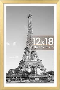 upsimples 12x18 Picture Frame, Display Pictures 11x17 with Mat or 12x18 Without Mat, Wall Hanging Photo Frame, Gold, 1 Pack