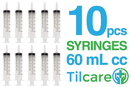 60ml Catheter Tip Syringe with Covers 10 Pack by Tilcare - Sterile Plastic Medicine Food Droppers for Children, Pets or Adults – Latex-Free Oral Medication Dispenser - Large Feeding Tube Syringes