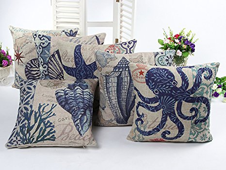 L&J.ART® 6 PCS 18'' Blue Octopus Conch Shell Starfish Linen Pillow Cushion Covers 6KD1