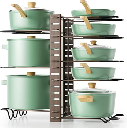 Pot Rack Organizers, G-TING 8 Tiers Pots and Pans Organizer for Kitchen Organization & Storage, Adjustable Pot Lid Holders & Pan Rack, Lid Organizer for Pots and Pans With 3 DIY Methods(Bronze)