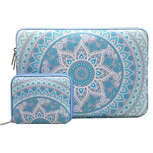 Mosiso Laptop Sleeve Bag for 13-13.3 Inch MacBook Pro, MacBook Air, Notebook Computer with Small Case, Canvas Fabric Mandala Pattern Protective Cover, Mint Green and Blue