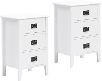 VECELO Nightstands Set of 2 End/Side Tables for Living Room Bedroom Bedside with 3 Storage Drawer, Vintage Accent Furniture Small Space, Solid Wood Legs, White, Three