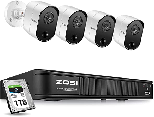 ZOSI 1080p 8 Channel Security Camera System for Home, H.265  CCTV DVR with Hard Drive 1TB and 4 x 2MP Surveillance Bullet Camera Outdoor Indoor with PIR Motion Sensor,Day Night Vision,Remote Access
