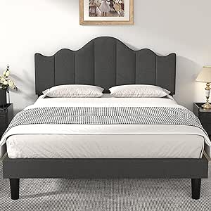 VECELO Full Size Upholstered Platform Bed Frame with Adjustable Headboard, Wood Slat Support and Noise-Free, No Box Spring Needed, Easy Assembly