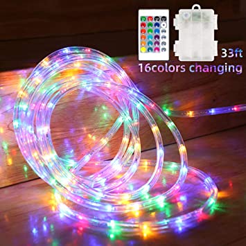 ANJAYLIA 33 Ft Rope Lights Battery Operated 100 LEDs Color Changing Lights with Remote, Waterproof String Lights Outdoor Twinkle Fairy Lights for Wedding, Patio, Garden, Christmas Decor, 16 Colors