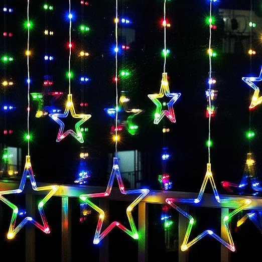 Christmas Curtain Lights - 8.8Ft 150LED Connectable Lumiere-de-Noel-exterieur, Upgarded Star Curtain Lights for Indoor/Outdoor Decor