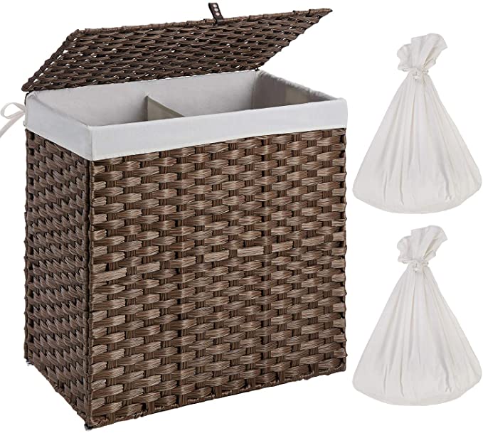 Greenstell Handwoven Laundry Hamper with 2 Removable Liner Bag,Synthetic Rattan Laundry Basket with Lid and Handles,Foldable and Easy to Install Brown(Larger Size