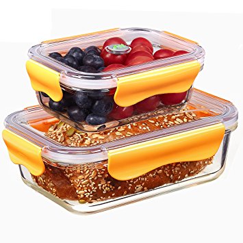 SELEWARE Stackable Glass Food Storage Containers with Tritan Snap Locking Lids, BPA-Free, Airtight, Leak-proof, Microwave, Oven, Freezer, Dishwasher Safe,(Set of 2, 22oz&52oz, Rectangle, Orange)