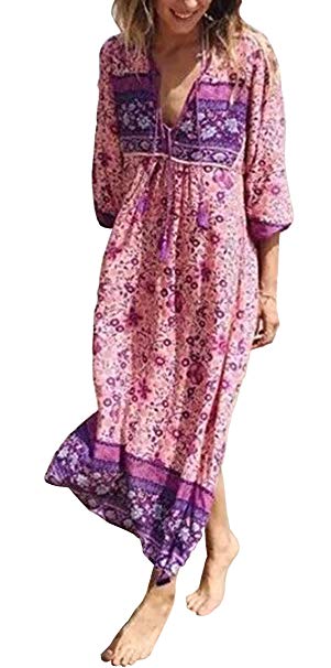 R.Vivimos Women's Long Sleeve Floral Print Retro V Neck Tassel Bohemian Midi Dresses