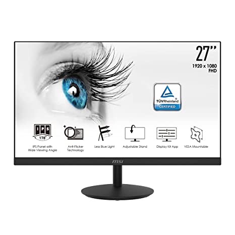 MSI 27 inch IPS Monitor - Full HD (1920x1080), Less Blue Light, Anti-Flicker, Anti-Glare, Tiltable Display, Display Kit, Built-in Speakers, for Learning & Working at Home - MP271, Black