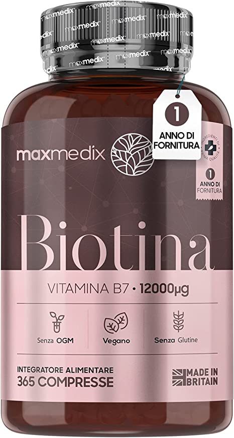 Biotina Capelli Alto Dosaggio 12000mcg - 365 Compresse Vegane di Biotina (Per 1 Anno) - Integratore Capelli Donna, Uomo - Contribuisce al Mantenimento di Capelli, Pelle Normali - Biotin, Vitamina B7