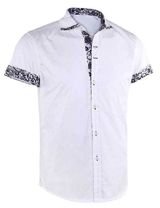 Dioufond Mens Short Sleeve Dress Shirts Floral Print Patchwork