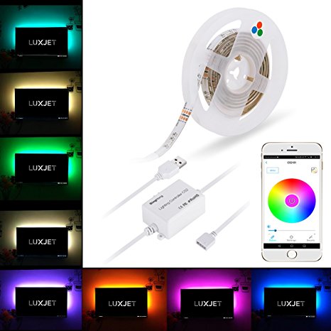 LED TV Backlight, LUXJET 1.5M USB RGB Strip Lights, Color Changing Bluetooth App Control, 5V IP65 Waterproof Accent Lighting Kit for HDTV LCD,Desktop PC, Car Decor or Camping