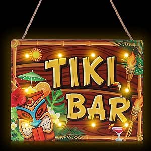 Tiki Bar Sign Hawaiian Luau Party Decoration Supplies Wooden LED Light Tiki Bar Plaque for Aloha Hawaii Luau Tropical Birthday Party Tiki Decorations Tiki Totem Hut Hanging Sign for Home Bar Kitchen